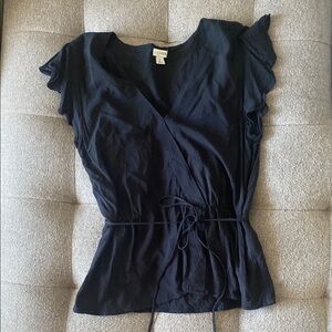 J. Crew Black Flutter Sleeve Wrap Blouse
